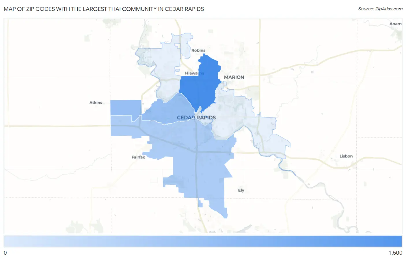 Zip Codes with the Largest Thai Community in Cedar Rapids Map