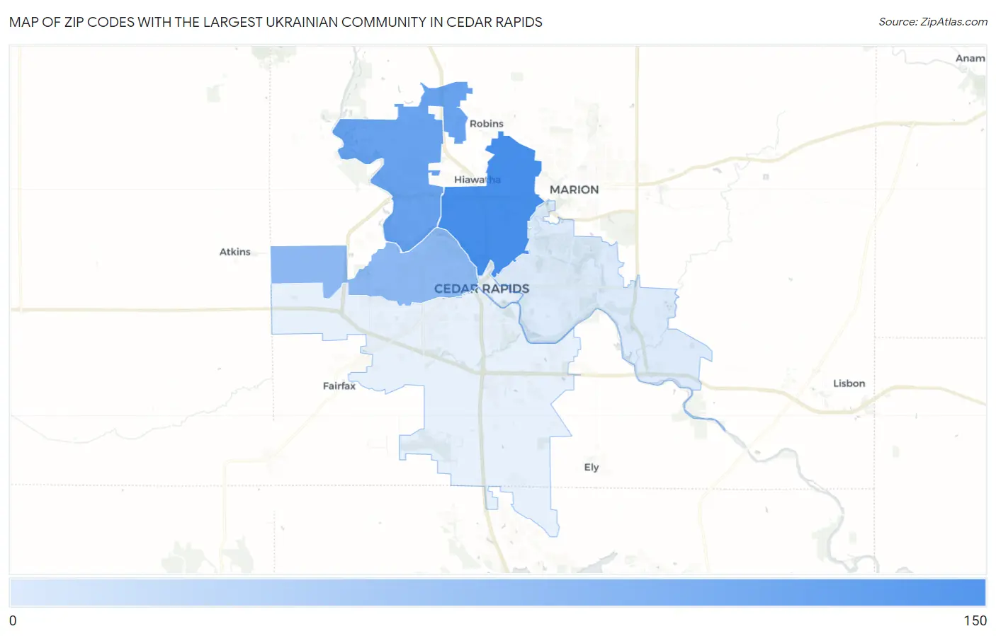 Zip Codes with the Largest Ukrainian Community in Cedar Rapids Map