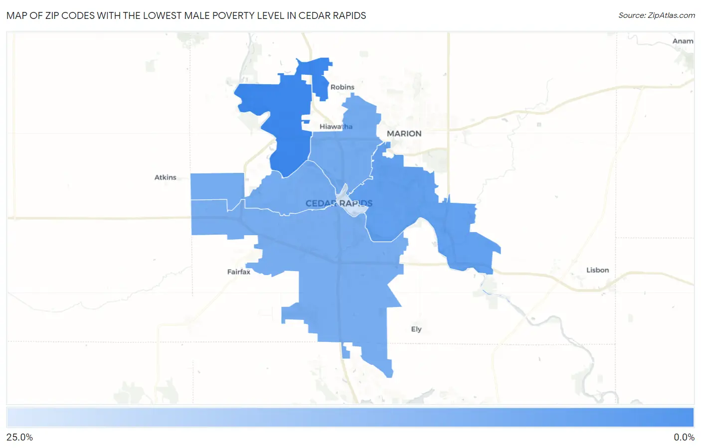 Zip Codes with the Lowest Male Poverty Level in Cedar Rapids Map