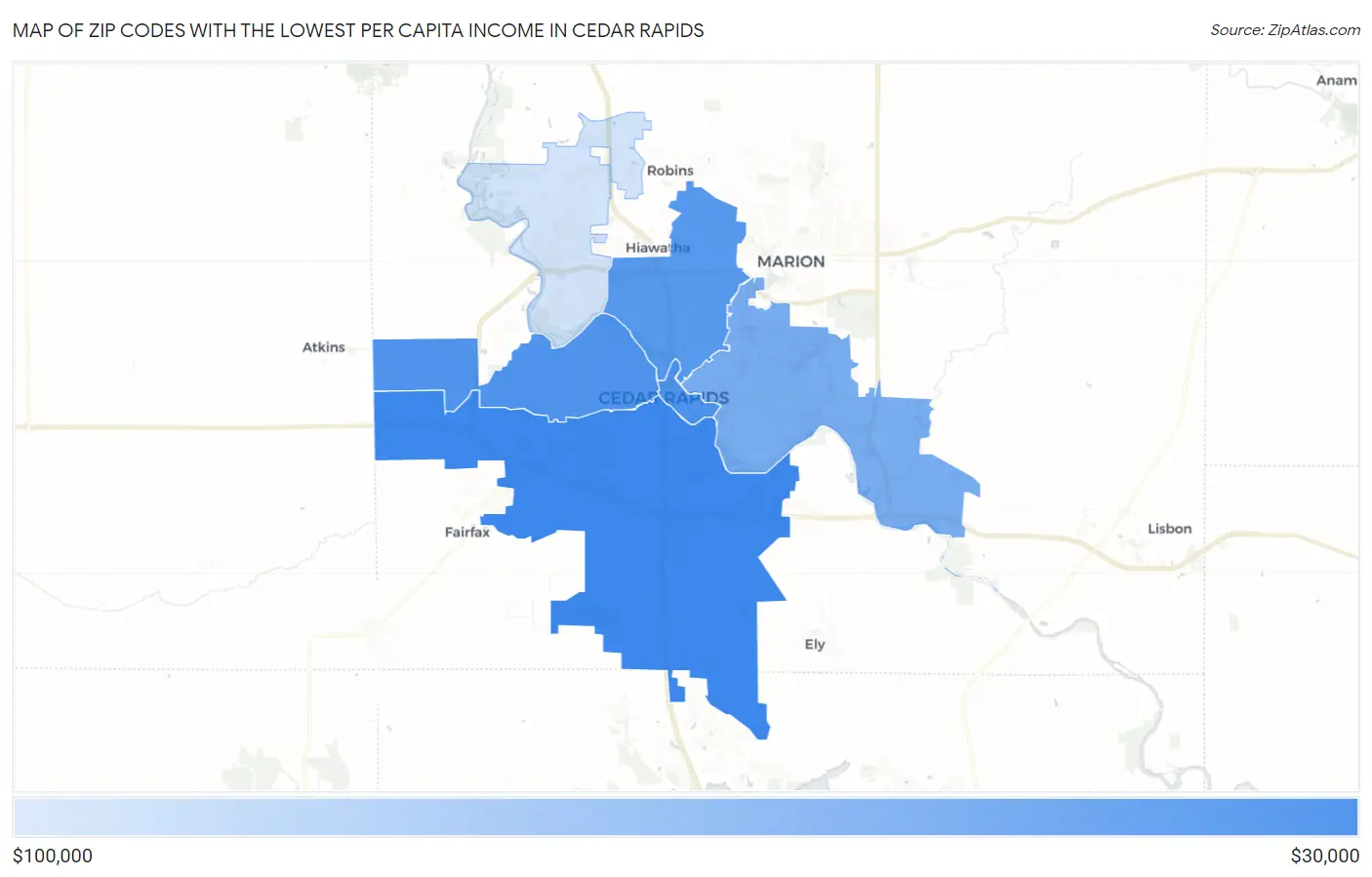 Zip Codes with the Lowest Per Capita Income in Cedar Rapids Map
