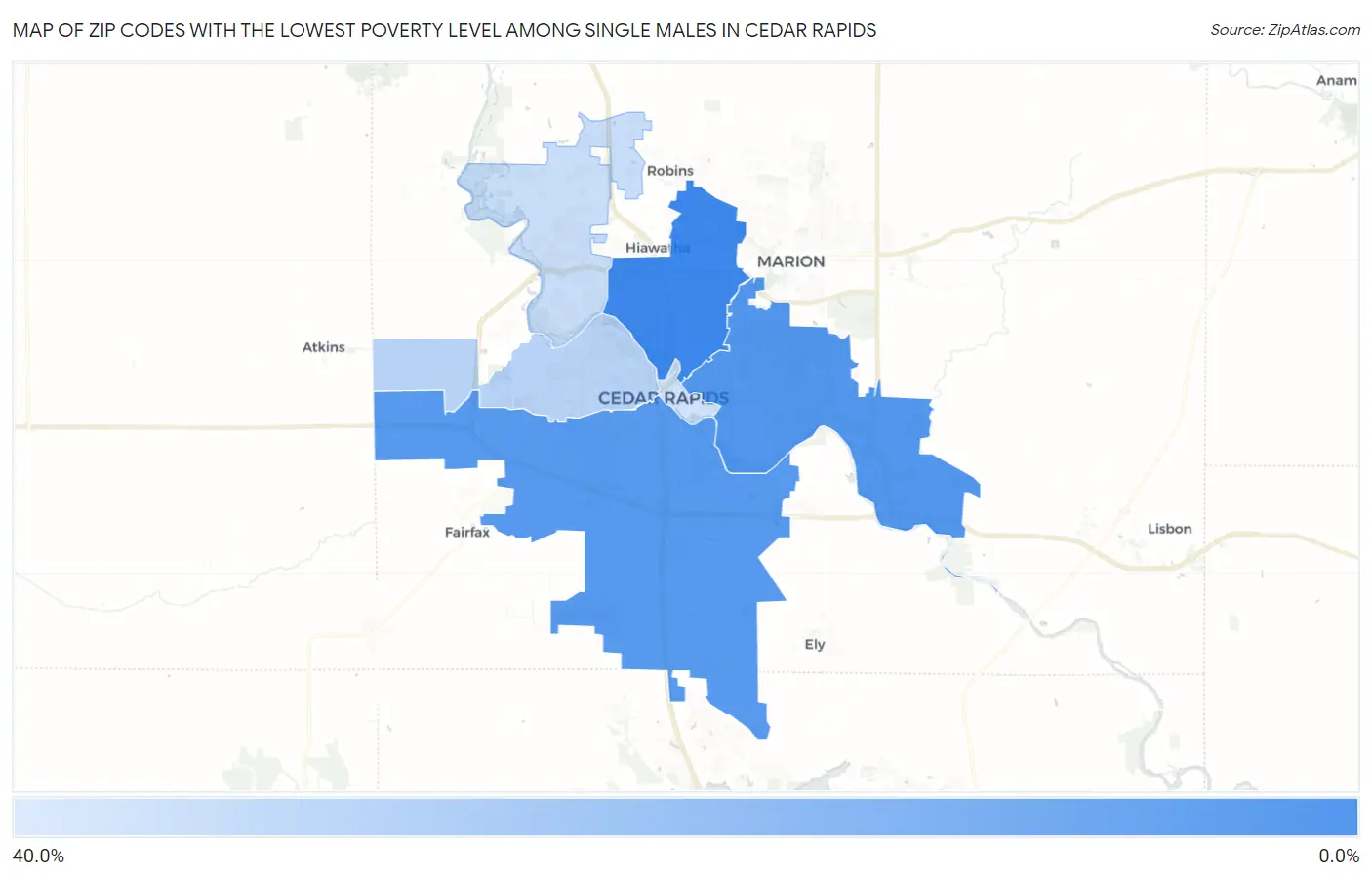 Zip Codes with the Lowest Poverty Level Among Single Males in Cedar Rapids Map