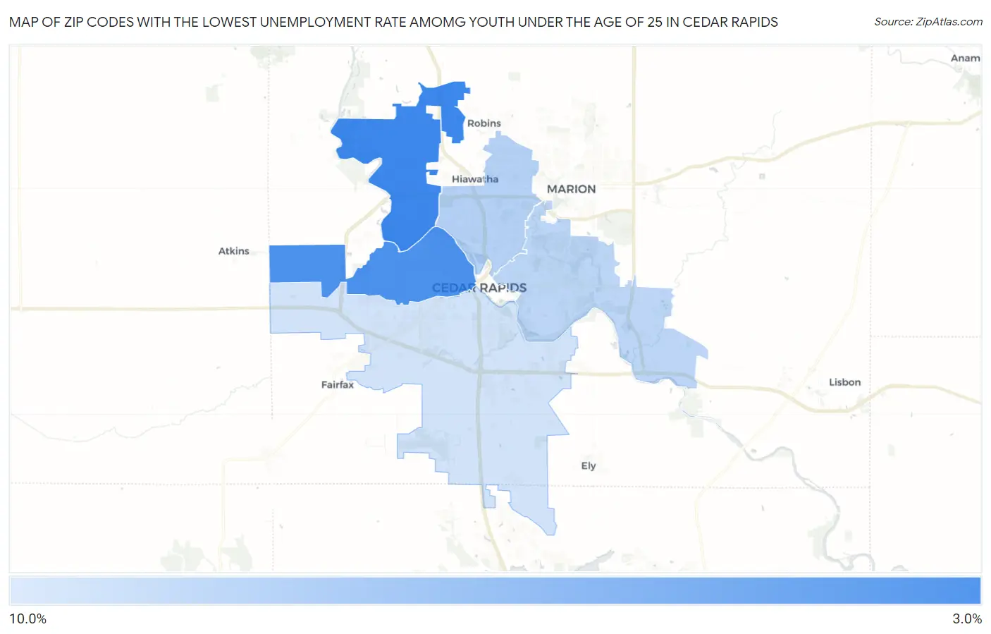 Zip Codes with the Lowest Unemployment Rate Amomg Youth Under the Age of 25 in Cedar Rapids Map
