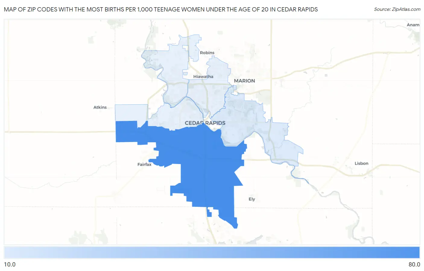 Zip Codes with the Most Births per 1,000 Teenage Women Under the Age of 20 in Cedar Rapids Map