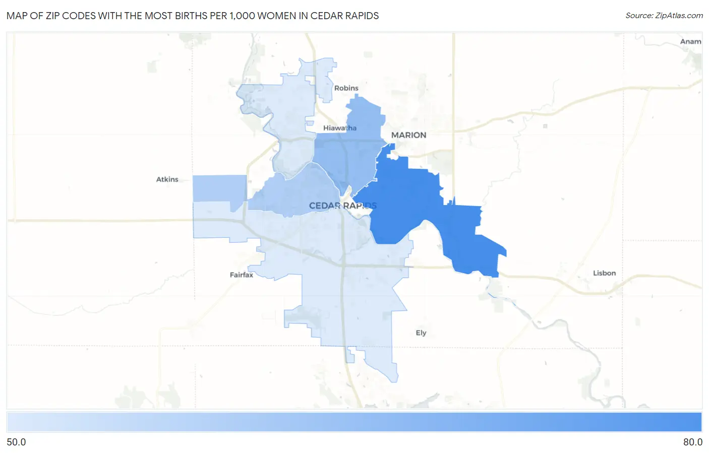 Zip Codes with the Most Births per 1,000 Women in Cedar Rapids Map