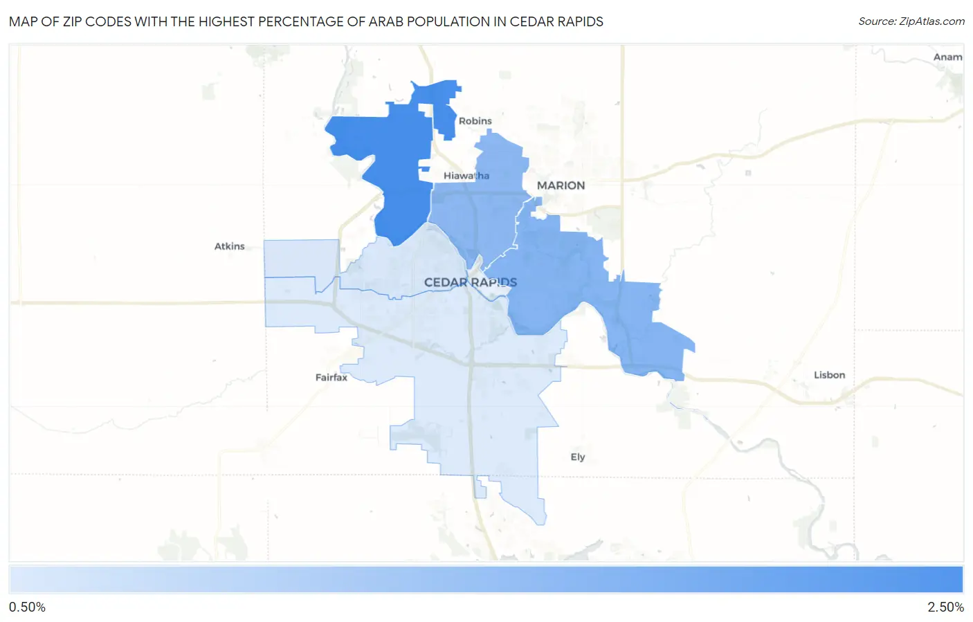 Zip Codes with the Highest Percentage of Arab Population in Cedar Rapids Map