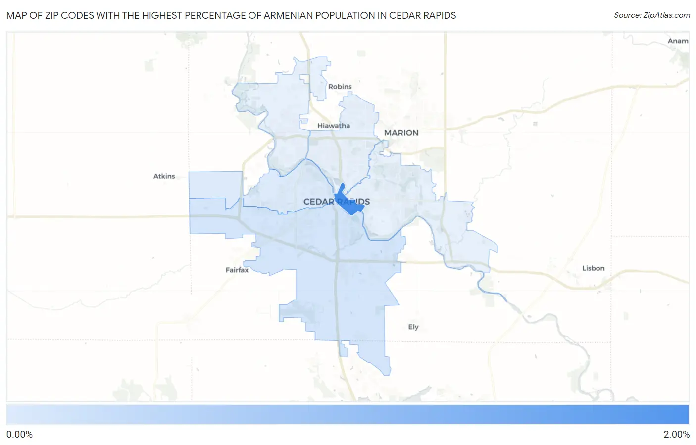 Zip Codes with the Highest Percentage of Armenian Population in Cedar Rapids Map