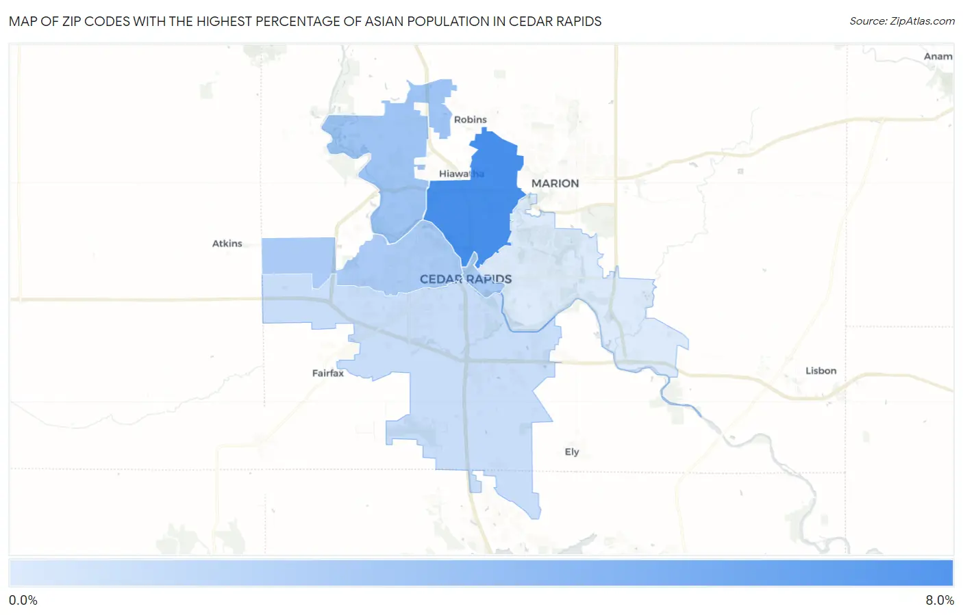 Zip Codes with the Highest Percentage of Asian Population in Cedar Rapids Map