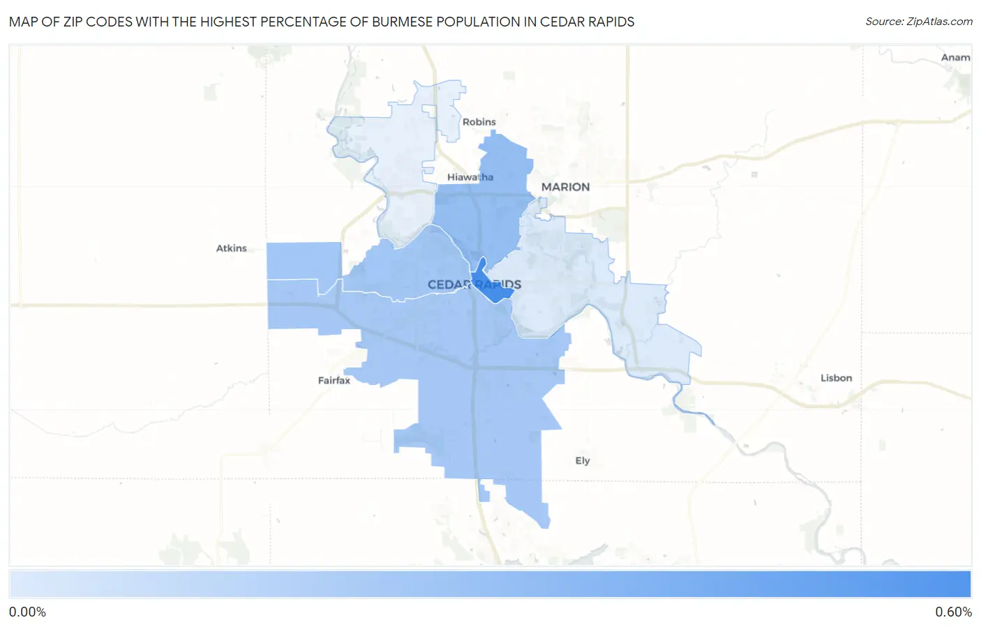 Zip Codes with the Highest Percentage of Burmese Population in Cedar Rapids Map