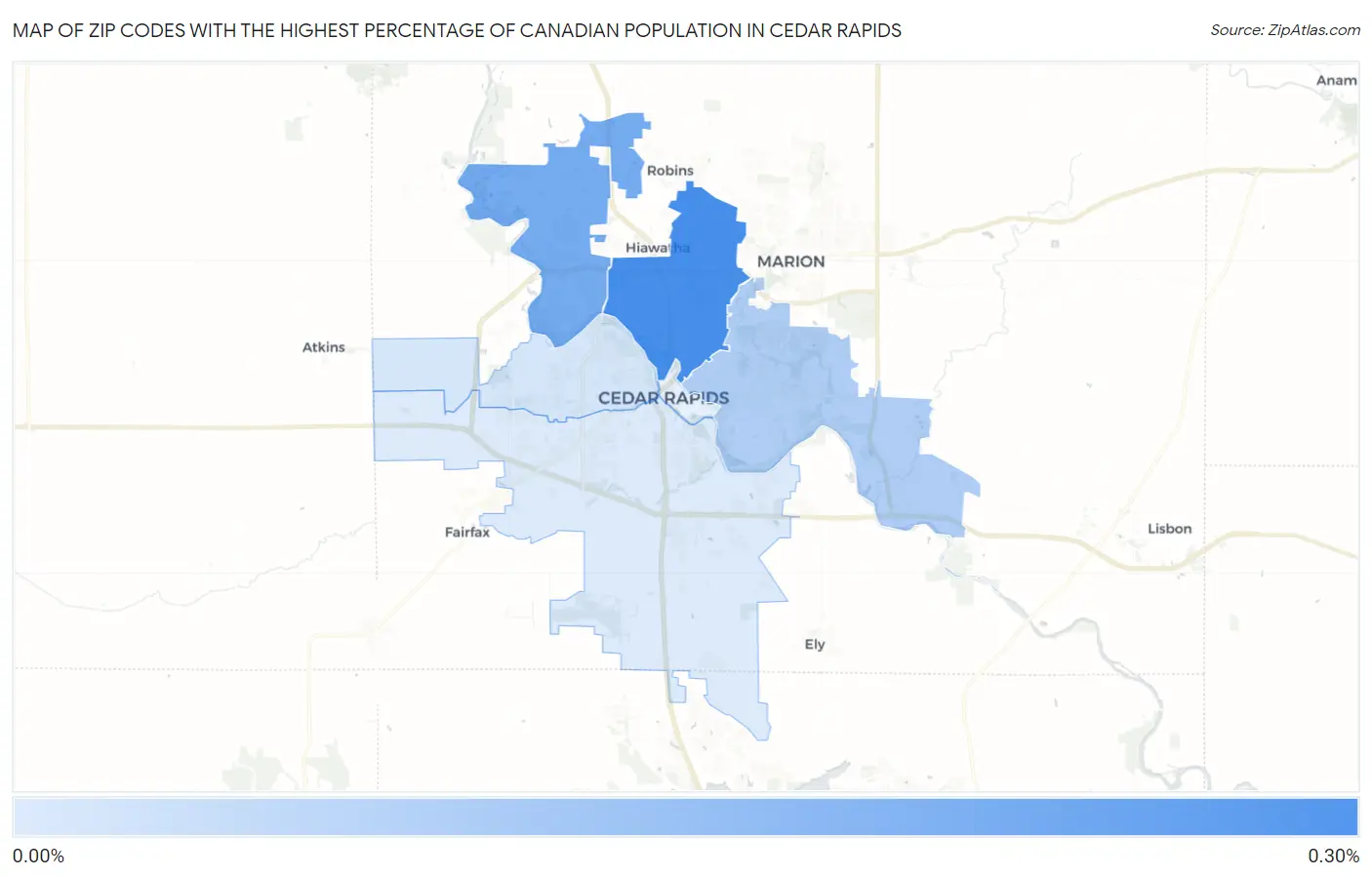 Zip Codes with the Highest Percentage of Canadian Population in Cedar Rapids Map