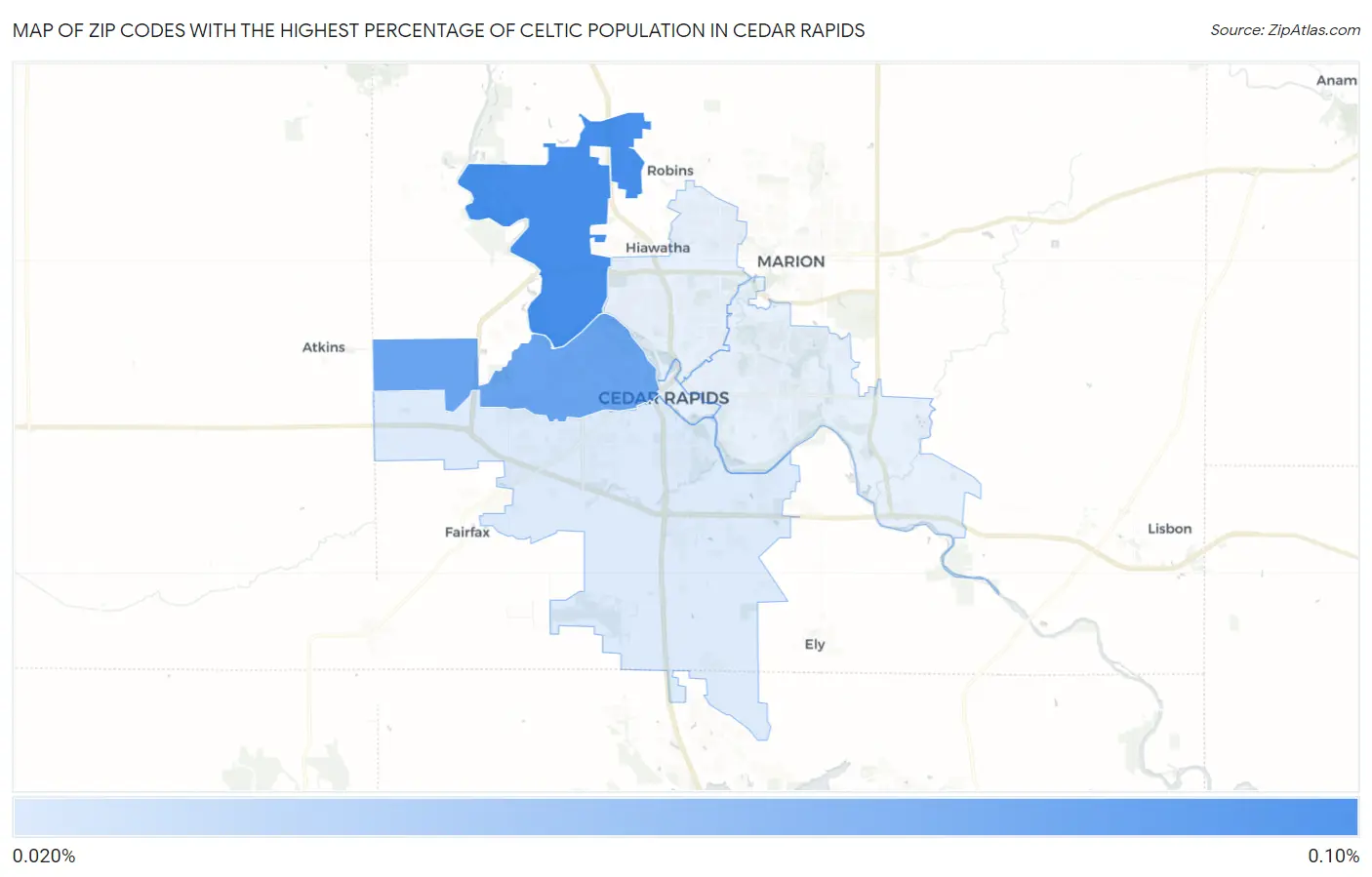 Zip Codes with the Highest Percentage of Celtic Population in Cedar Rapids Map