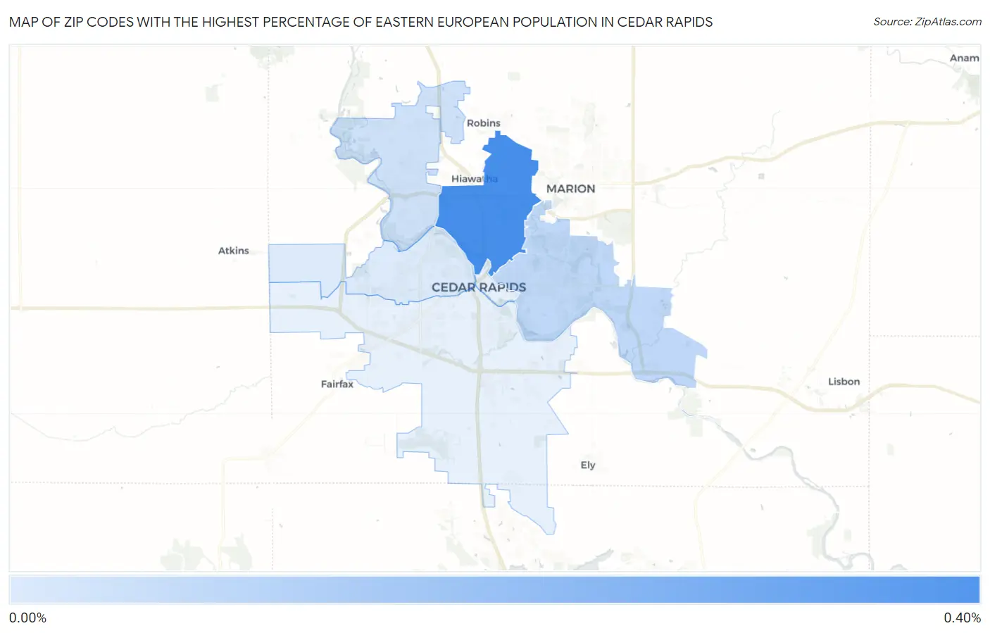 Zip Codes with the Highest Percentage of Eastern European Population in Cedar Rapids Map