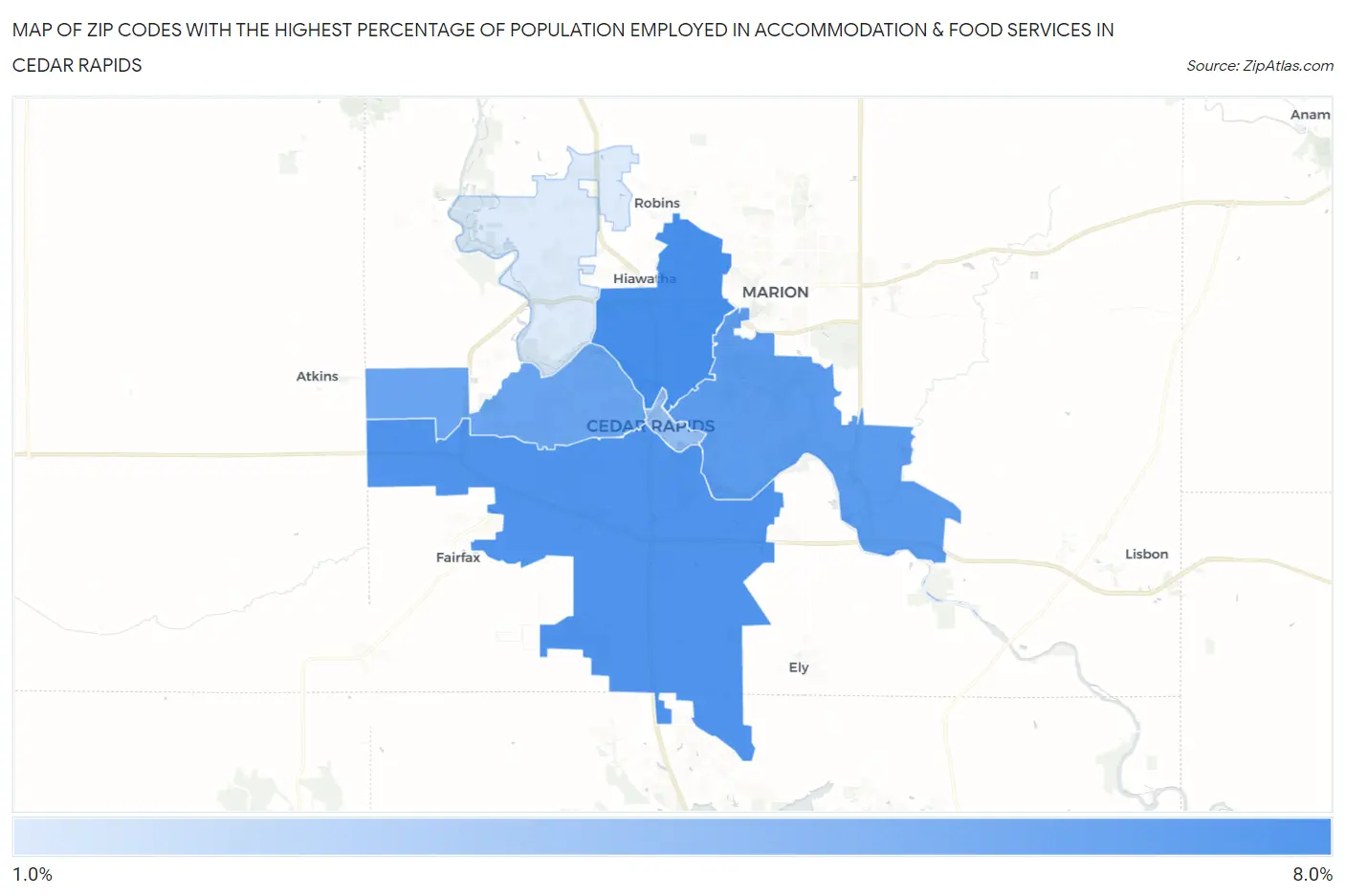 Zip Codes with the Highest Percentage of Population Employed in Accommodation & Food Services in Cedar Rapids Map