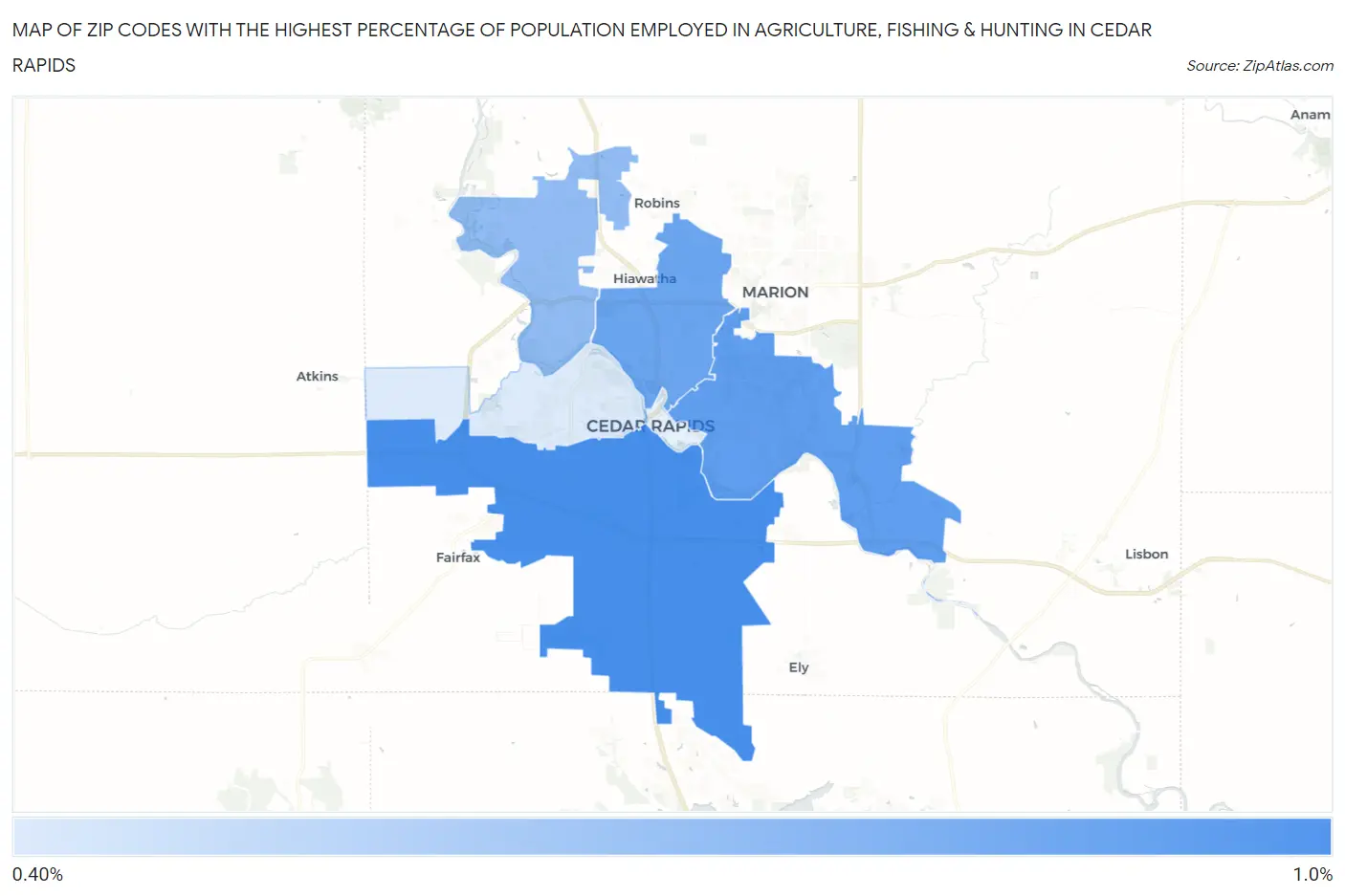 Zip Codes with the Highest Percentage of Population Employed in Agriculture, Fishing & Hunting in Cedar Rapids Map