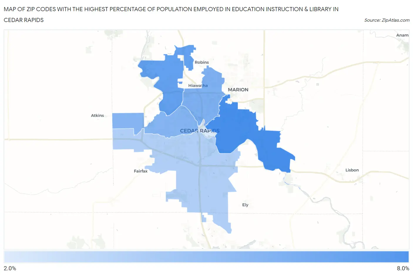Zip Codes with the Highest Percentage of Population Employed in Education Instruction & Library in Cedar Rapids Map