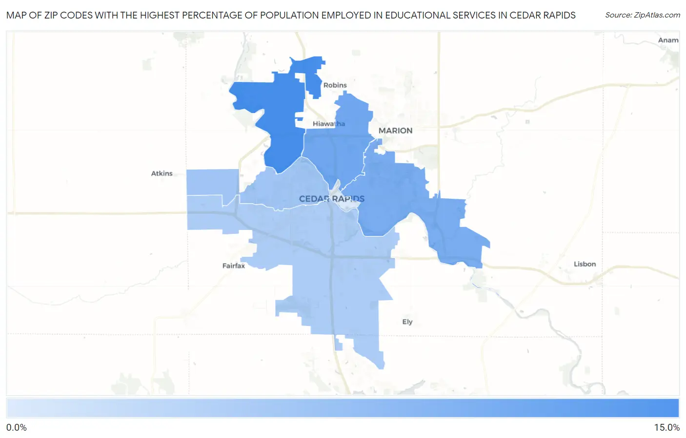 Zip Codes with the Highest Percentage of Population Employed in Educational Services in Cedar Rapids Map