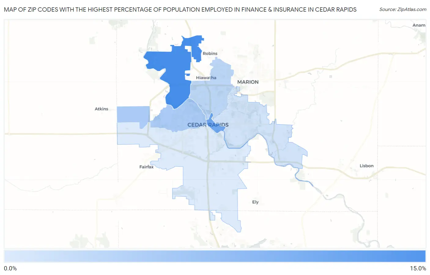 Zip Codes with the Highest Percentage of Population Employed in Finance & Insurance in Cedar Rapids Map