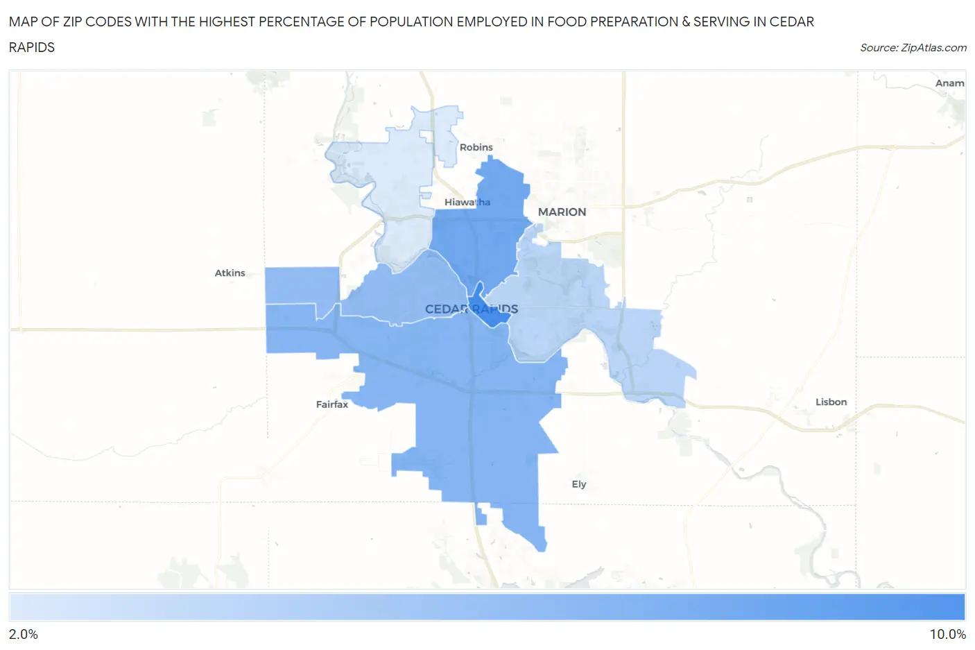 Zip Codes with the Highest Percentage of Population Employed in Food Preparation & Serving in Cedar Rapids Map