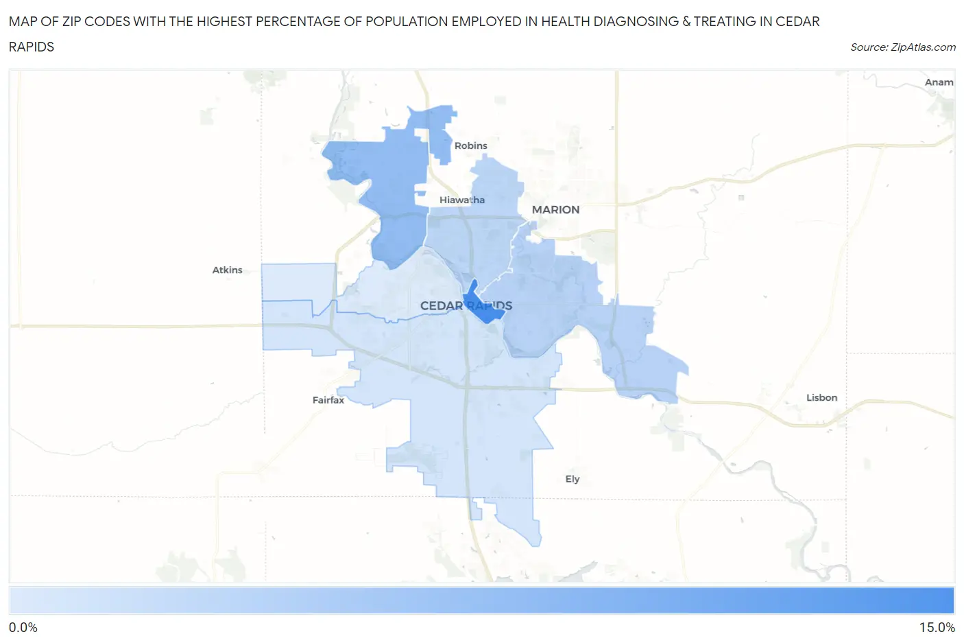 Zip Codes with the Highest Percentage of Population Employed in Health Diagnosing & Treating in Cedar Rapids Map
