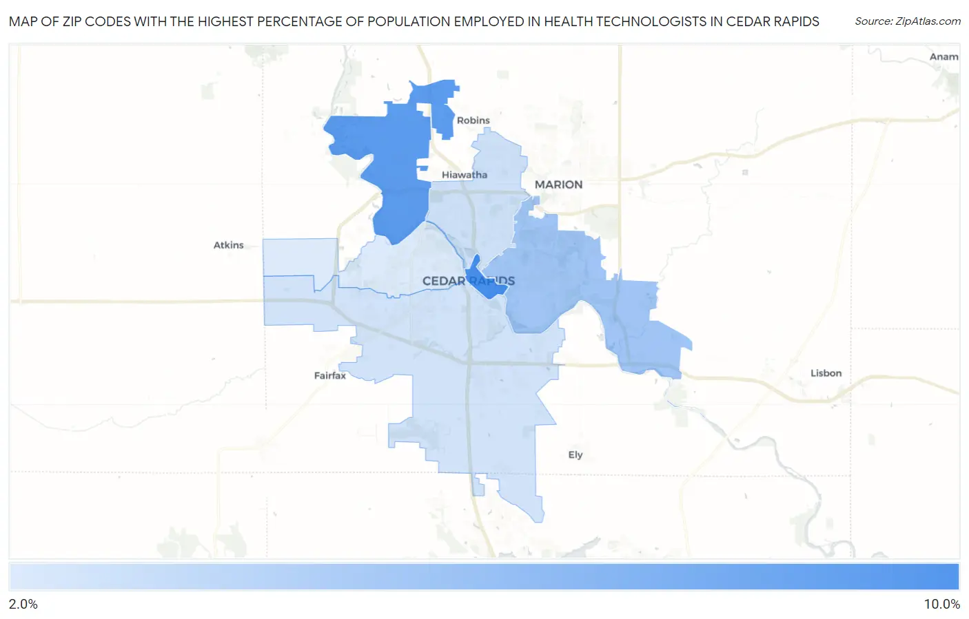 Zip Codes with the Highest Percentage of Population Employed in Health Technologists in Cedar Rapids Map