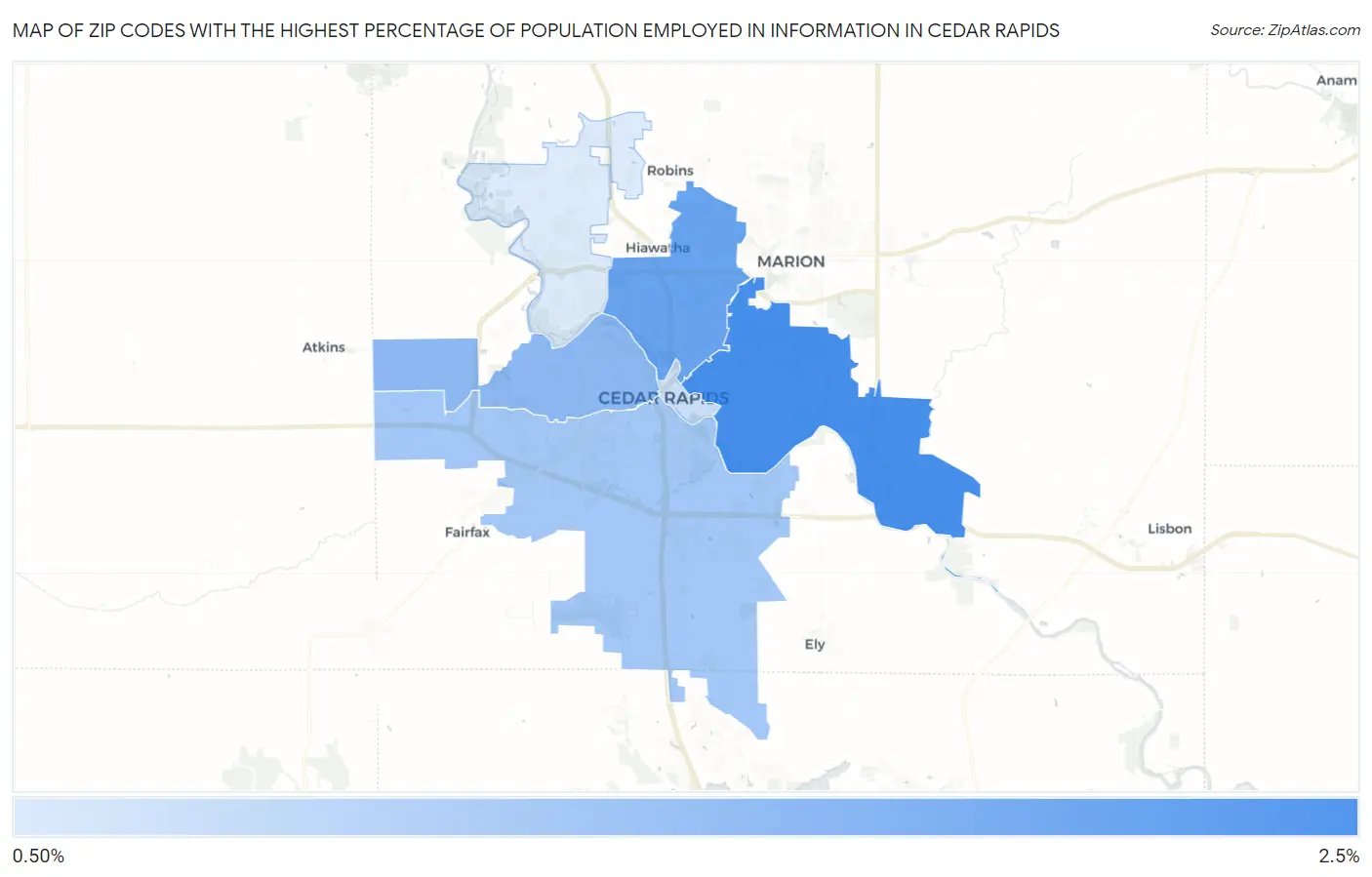 Zip Codes with the Highest Percentage of Population Employed in Information in Cedar Rapids Map