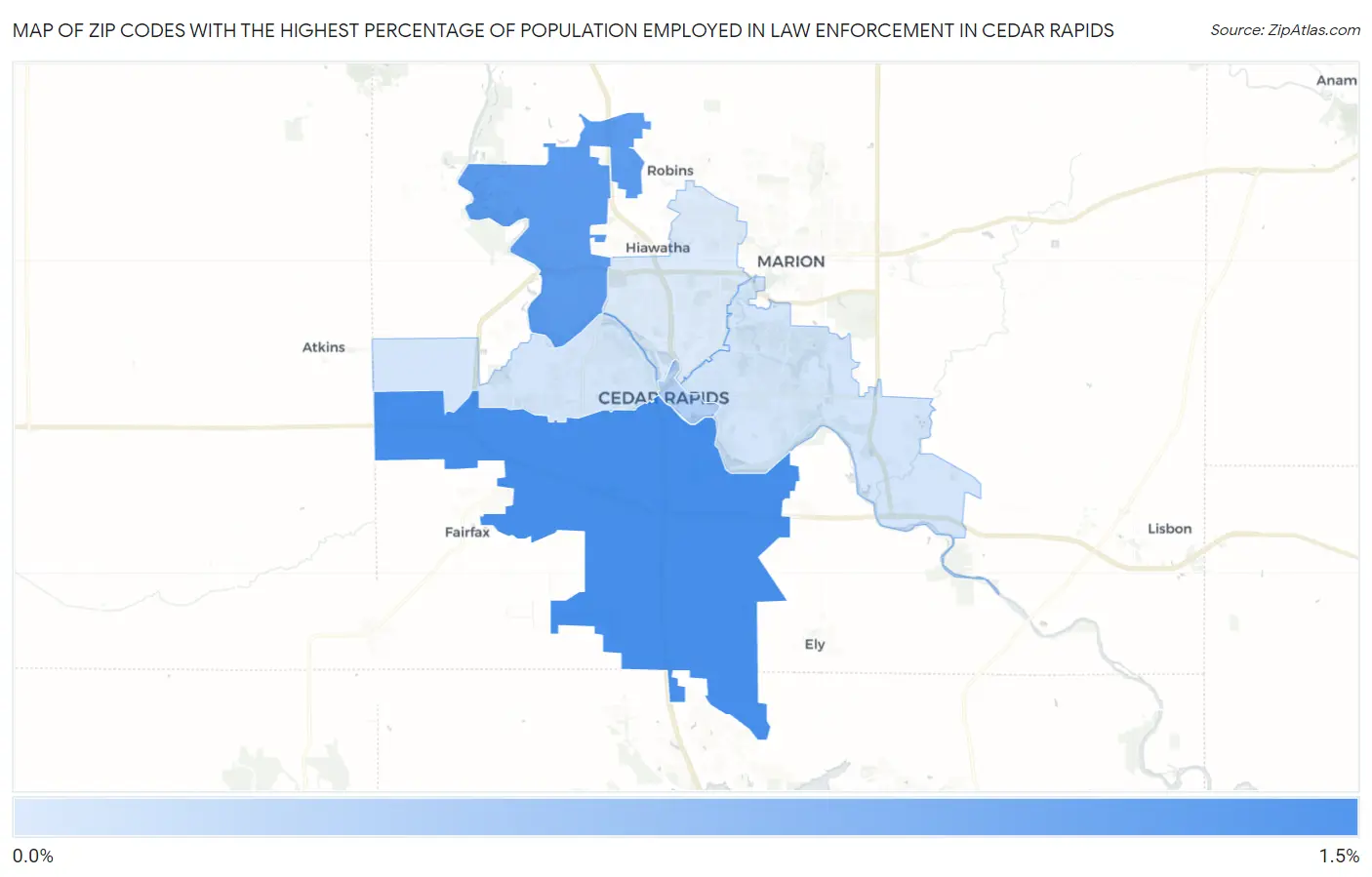 Zip Codes with the Highest Percentage of Population Employed in Law Enforcement in Cedar Rapids Map