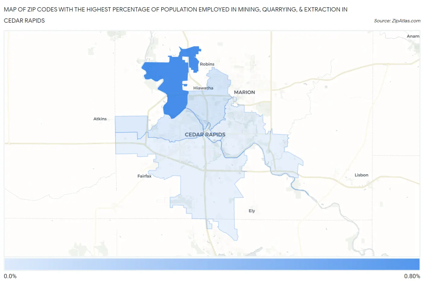 Zip Codes with the Highest Percentage of Population Employed in Mining, Quarrying, & Extraction in Cedar Rapids Map