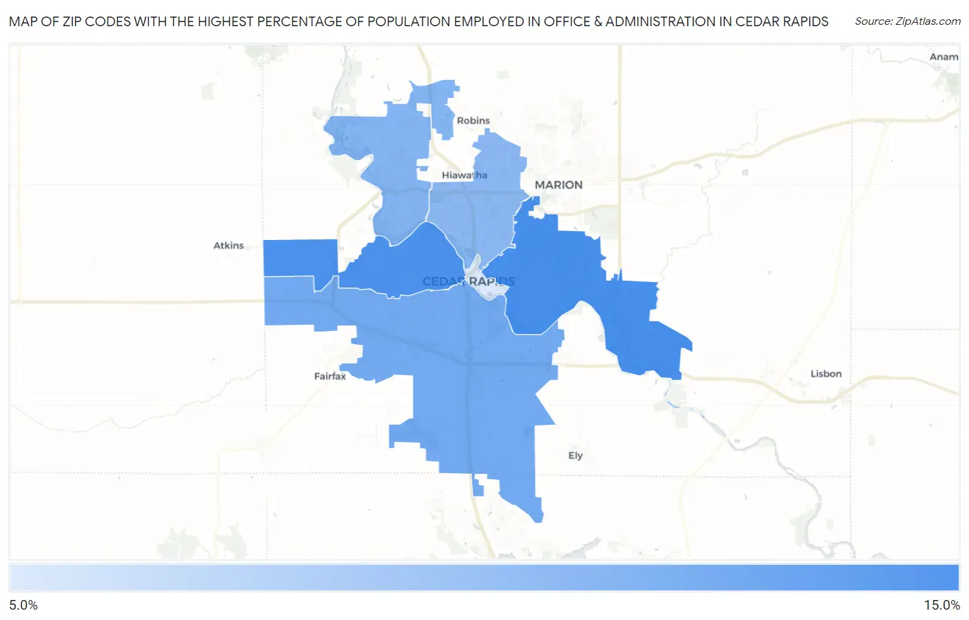 Zip Codes with the Highest Percentage of Population Employed in Office & Administration in Cedar Rapids Map