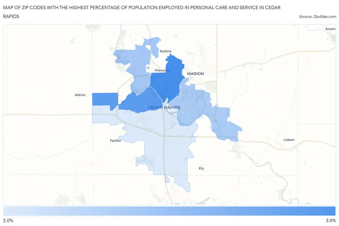 Zip Codes with the Highest Percentage of Population Employed in Personal Care and Service in Cedar Rapids Map