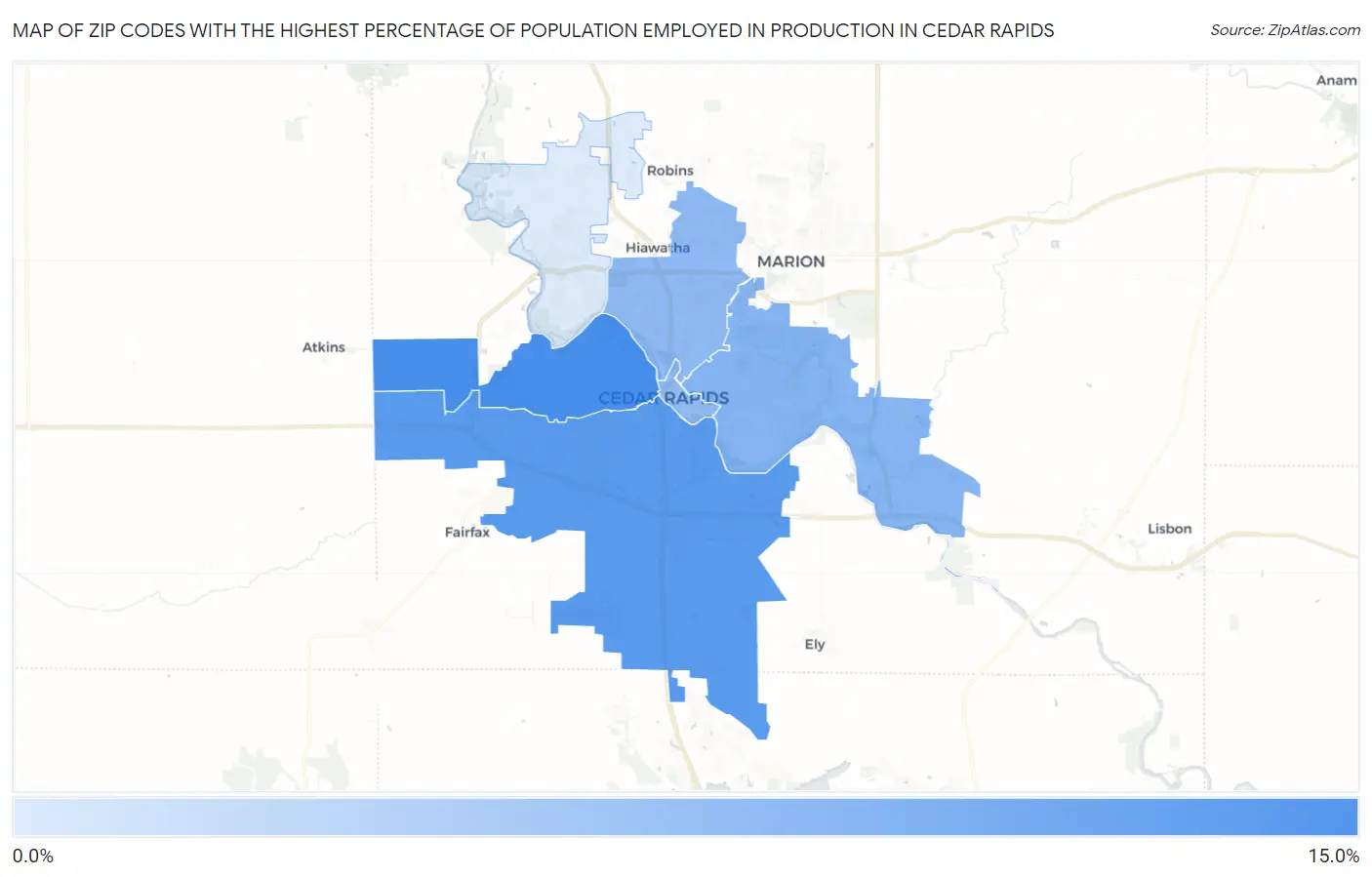 Zip Codes with the Highest Percentage of Population Employed in Production in Cedar Rapids Map