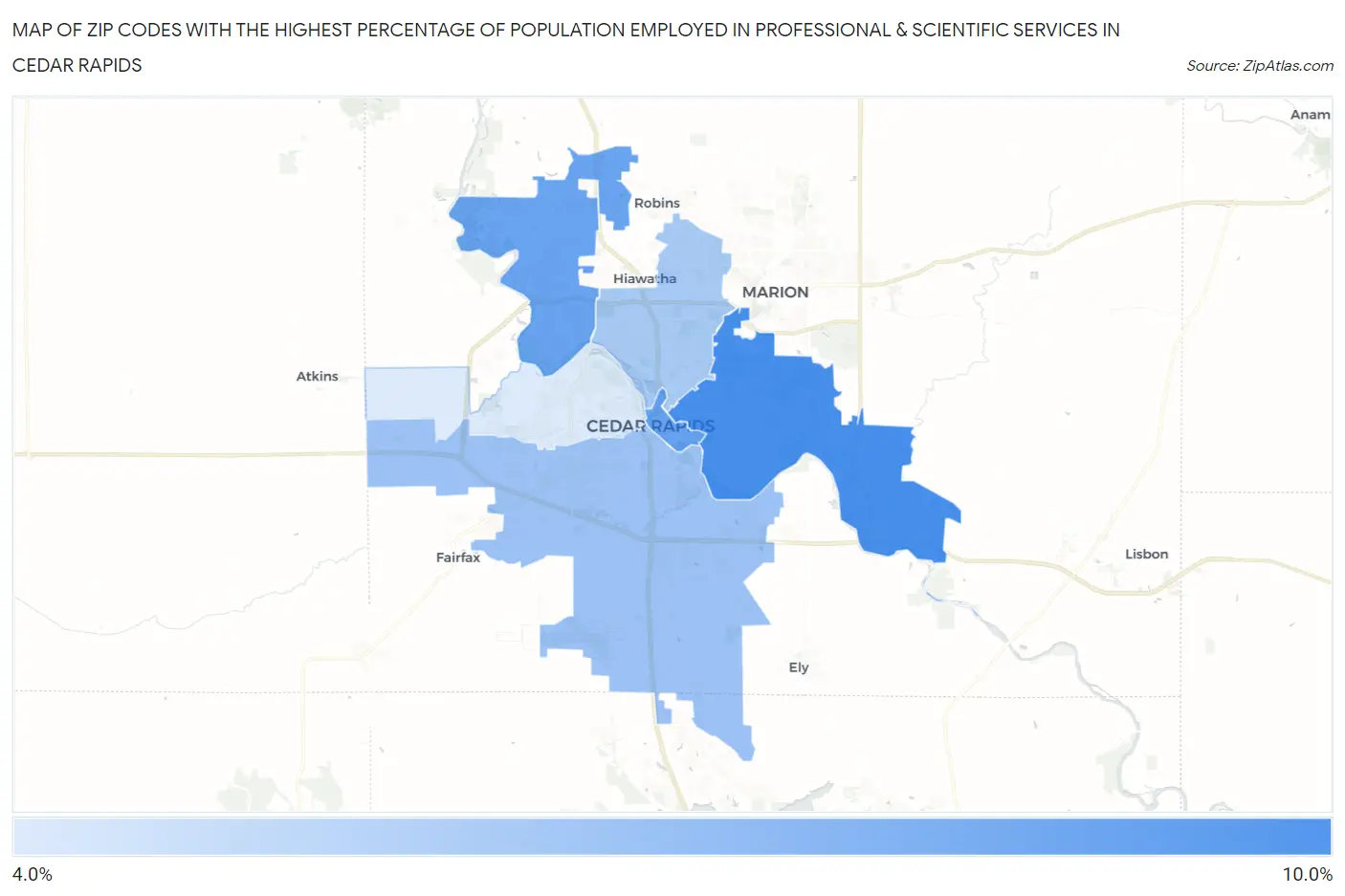 Zip Codes with the Highest Percentage of Population Employed in Professional & Scientific Services in Cedar Rapids Map