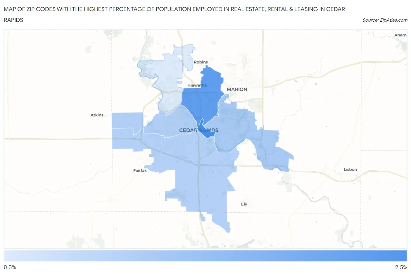 Zip Codes with the Highest Percentage of Population Employed in Real Estate, Rental & Leasing in Cedar Rapids Map
