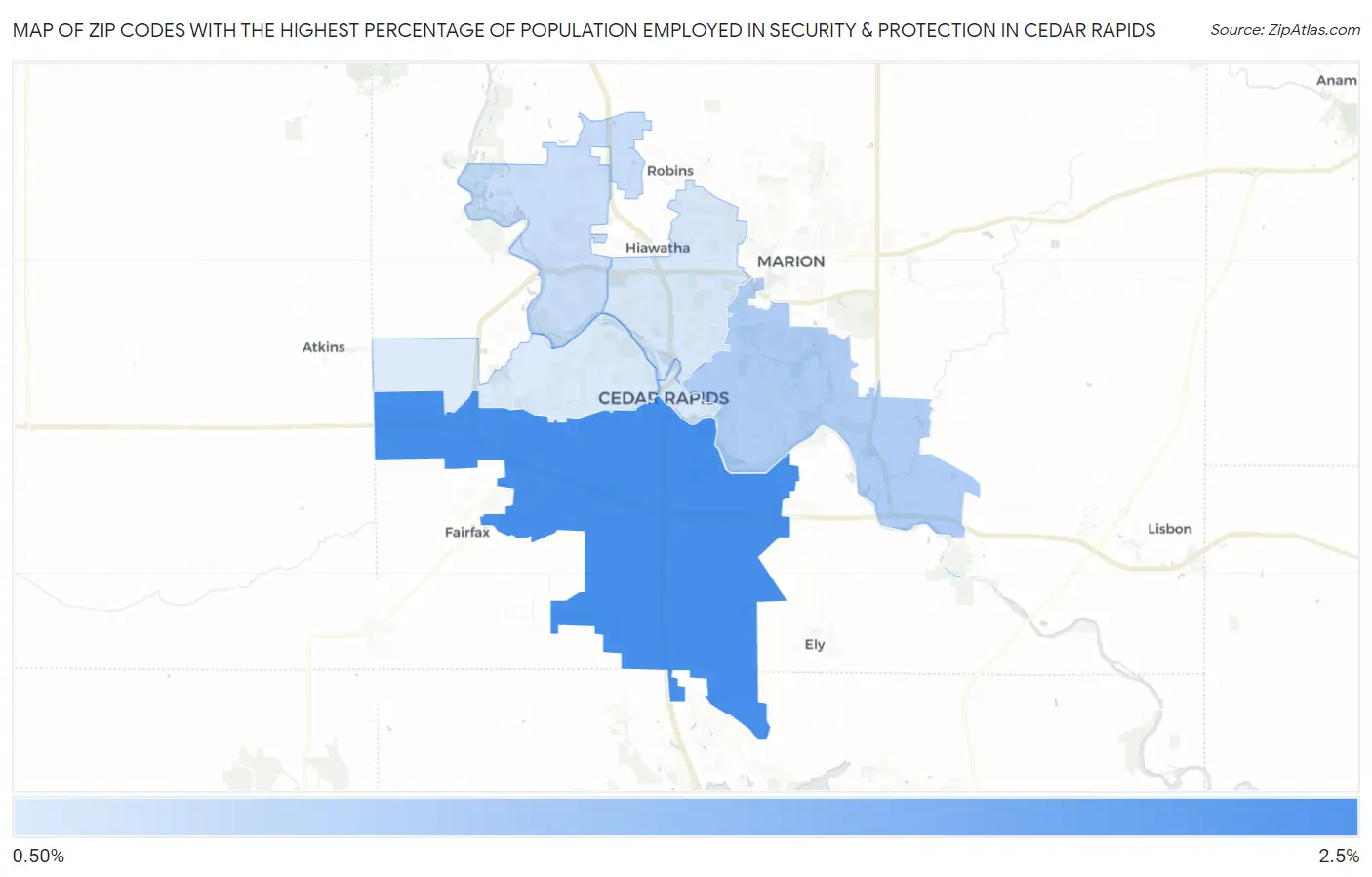 Zip Codes with the Highest Percentage of Population Employed in Security & Protection in Cedar Rapids Map