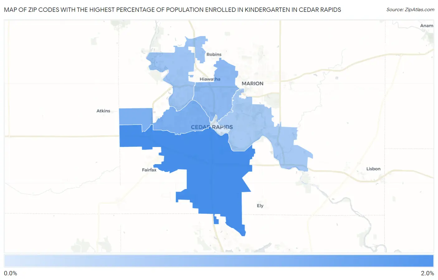 Zip Codes with the Highest Percentage of Population Enrolled in Kindergarten in Cedar Rapids Map