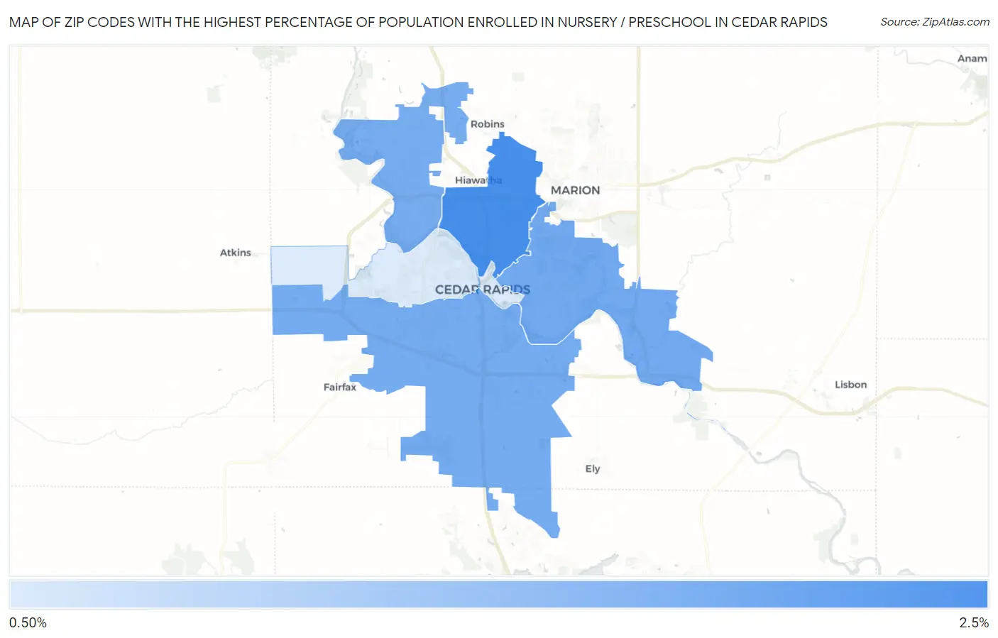 Zip Codes with the Highest Percentage of Population Enrolled in Nursery / Preschool in Cedar Rapids Map