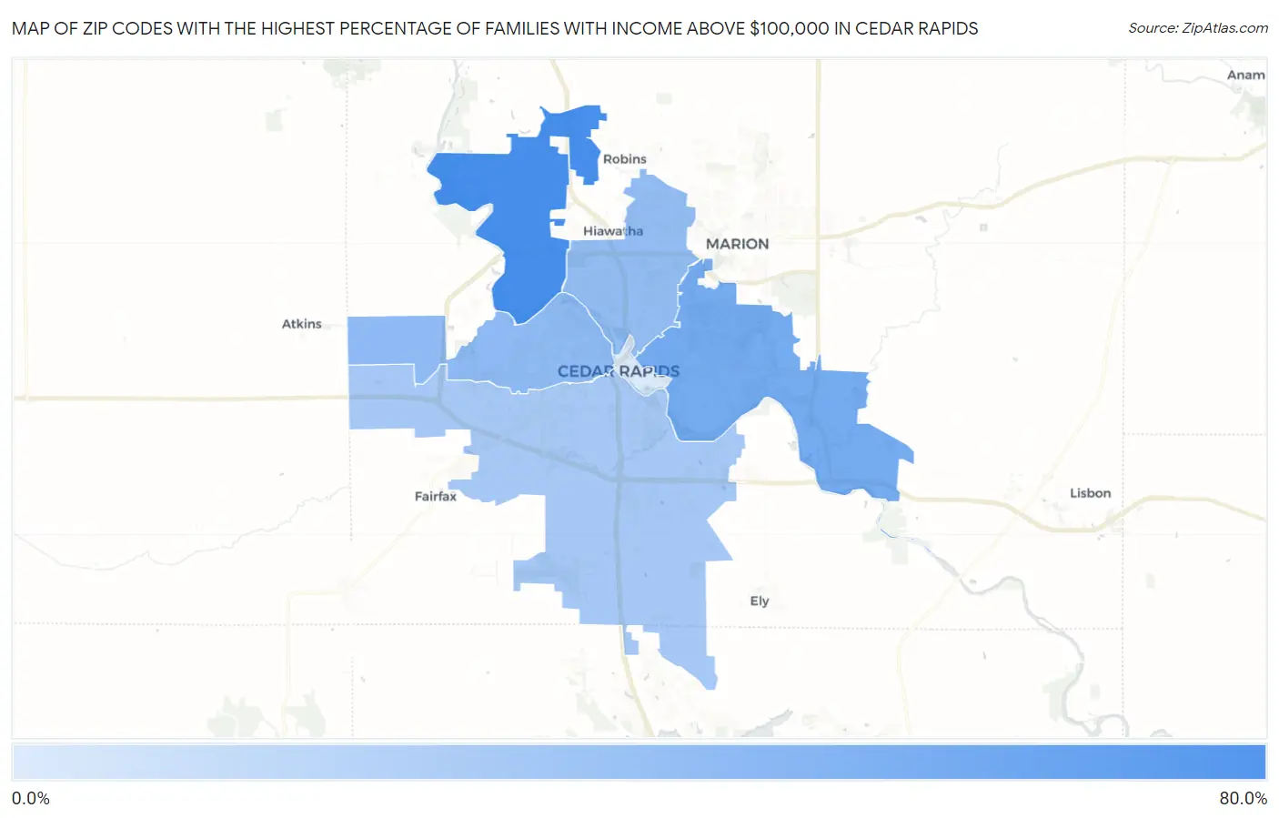Zip Codes with the Highest Percentage of Families with Income Above $100,000 in Cedar Rapids Map