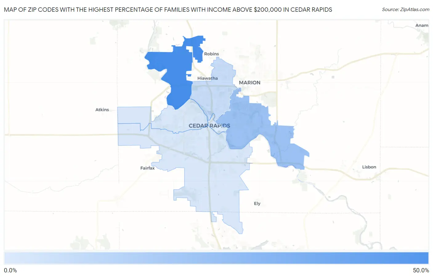 Zip Codes with the Highest Percentage of Families with Income Above $200,000 in Cedar Rapids Map