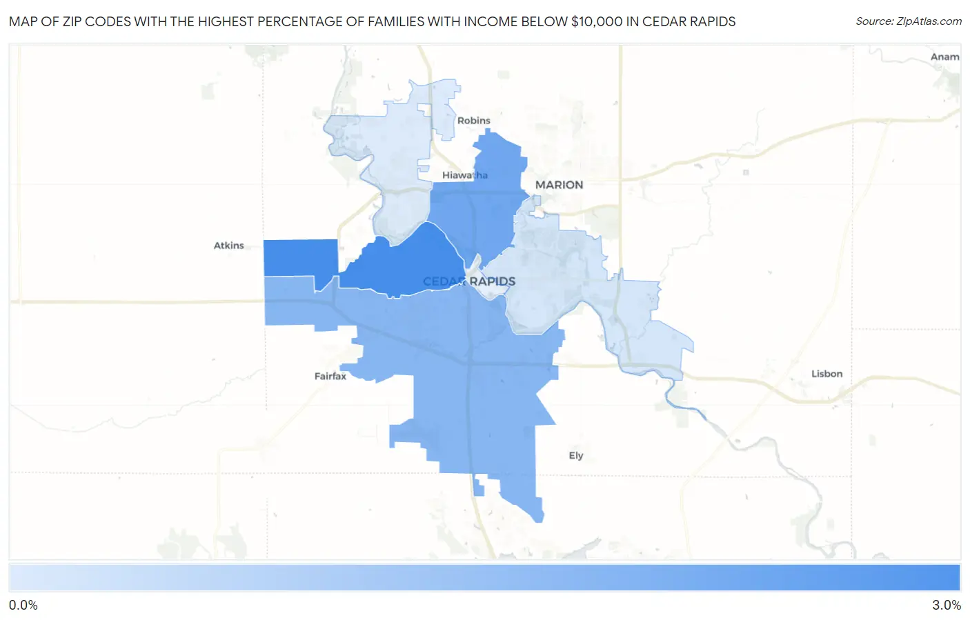 Zip Codes with the Highest Percentage of Families with Income Below $10,000 in Cedar Rapids Map