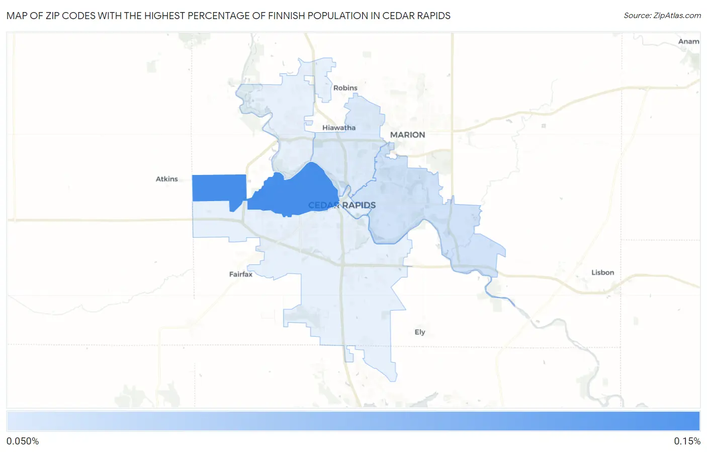 Zip Codes with the Highest Percentage of Finnish Population in Cedar Rapids Map