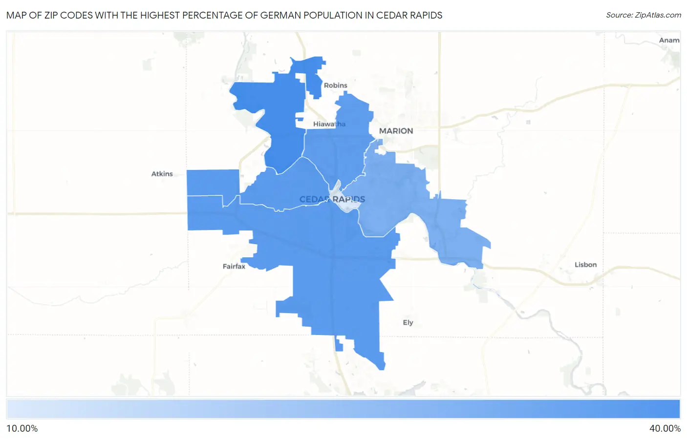 Zip Codes with the Highest Percentage of German Population in Cedar Rapids Map