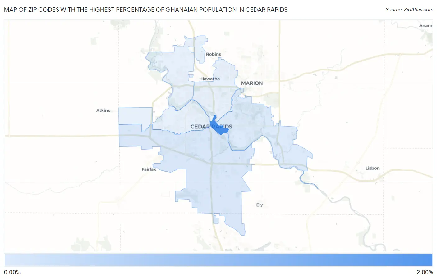 Zip Codes with the Highest Percentage of Ghanaian Population in Cedar Rapids Map
