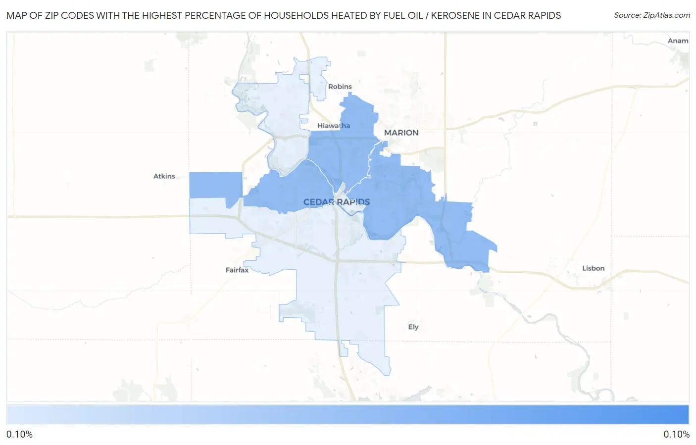 Zip Codes with the Highest Percentage of Households Heated by Fuel Oil / Kerosene in Cedar Rapids Map