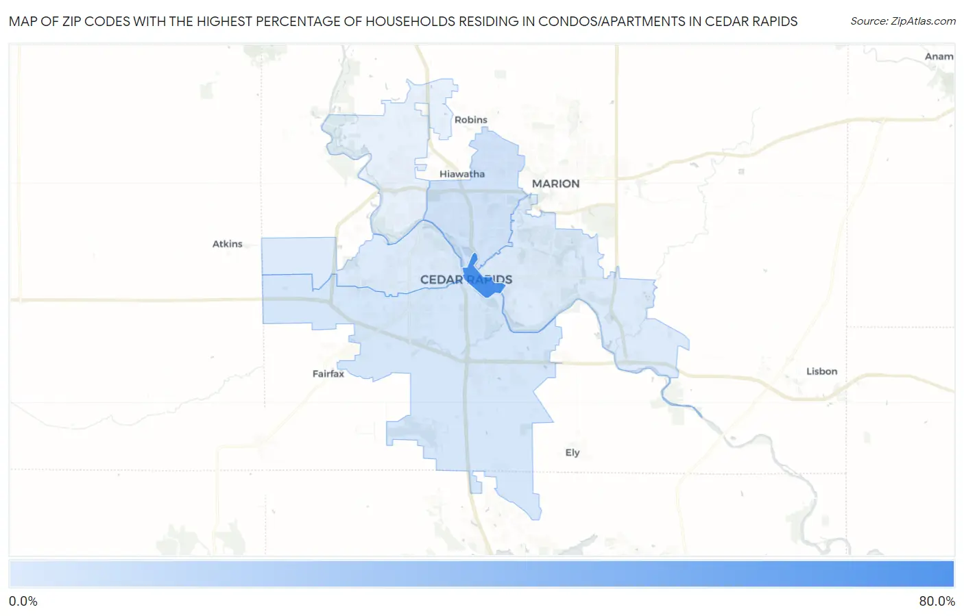 Zip Codes with the Highest Percentage of Households Residing in Condos/Apartments in Cedar Rapids Map