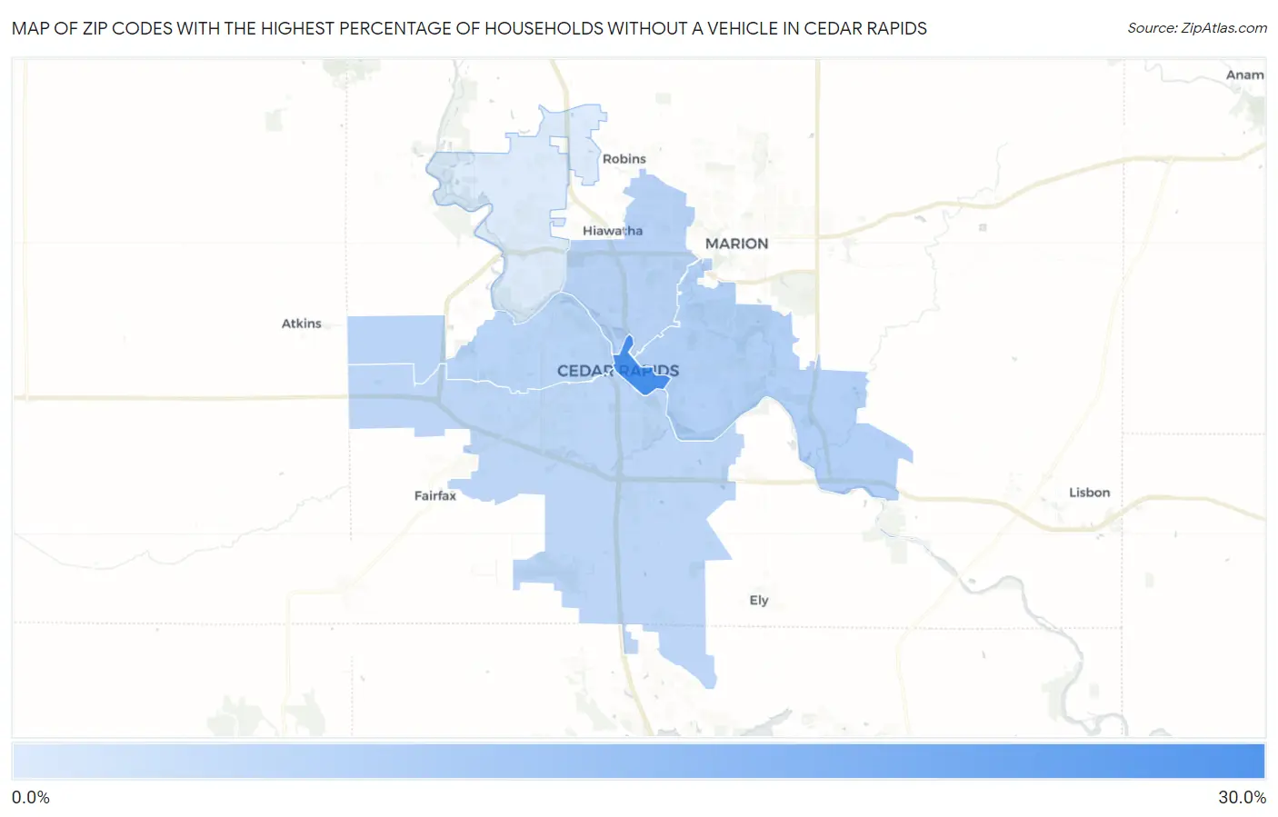 Zip Codes with the Highest Percentage of Households Without a Vehicle in Cedar Rapids Map