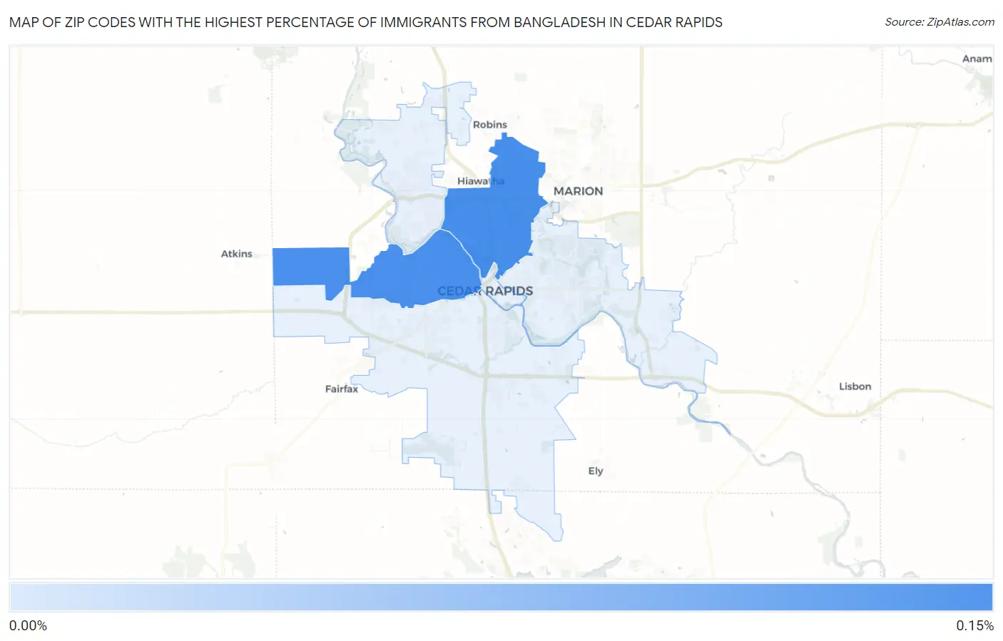 Zip Codes with the Highest Percentage of Immigrants from Bangladesh in Cedar Rapids Map