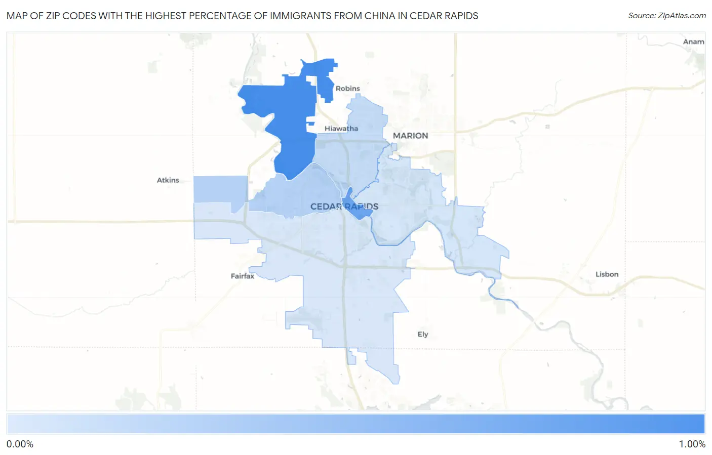 Zip Codes with the Highest Percentage of Immigrants from China in Cedar Rapids Map