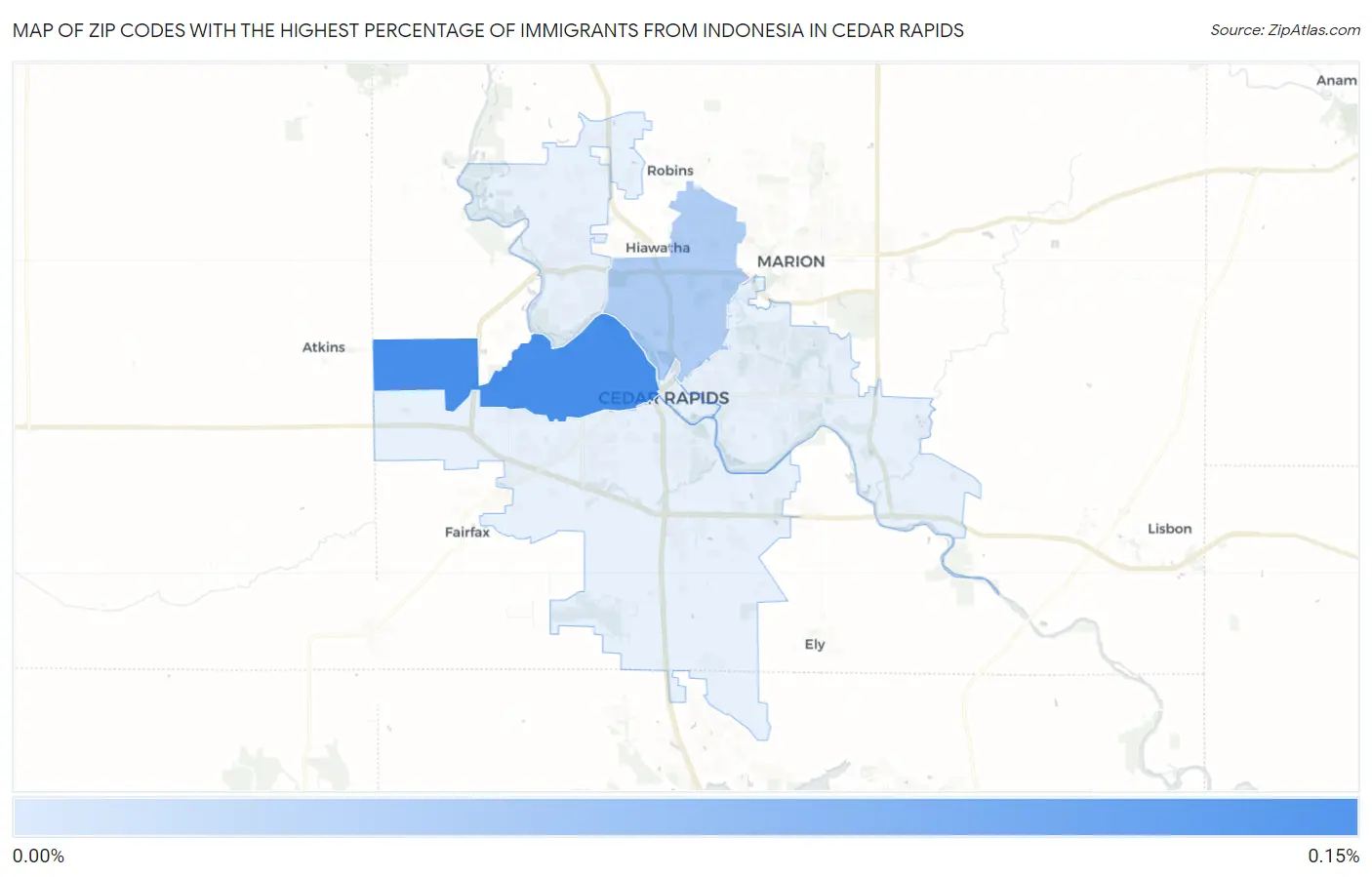 Zip Codes with the Highest Percentage of Immigrants from Indonesia in Cedar Rapids Map