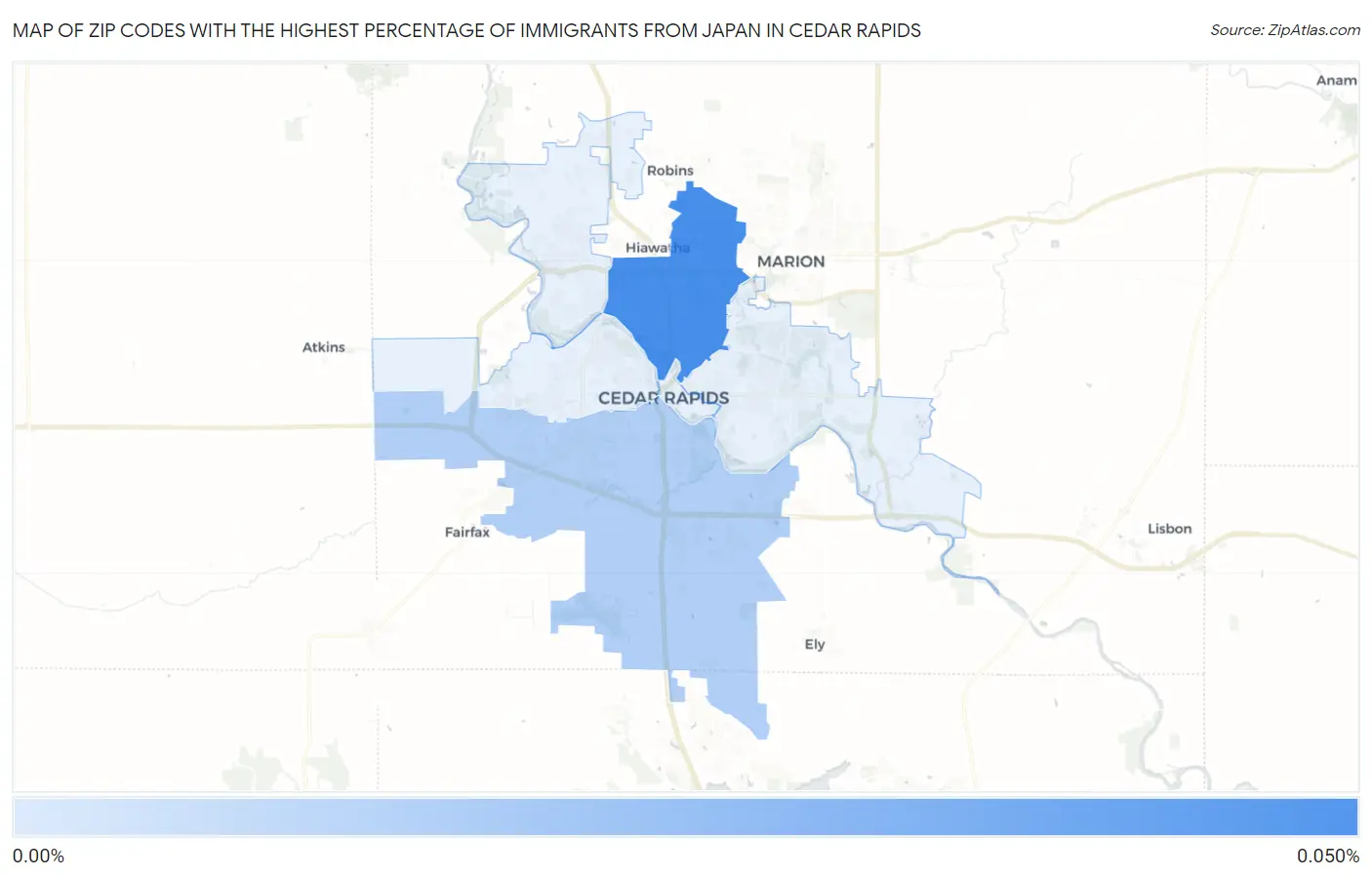 Zip Codes with the Highest Percentage of Immigrants from Japan in Cedar Rapids Map
