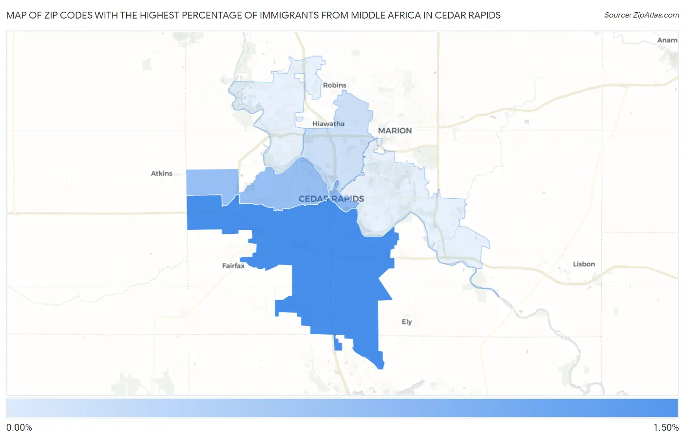 Zip Codes with the Highest Percentage of Immigrants from Middle Africa in Cedar Rapids Map