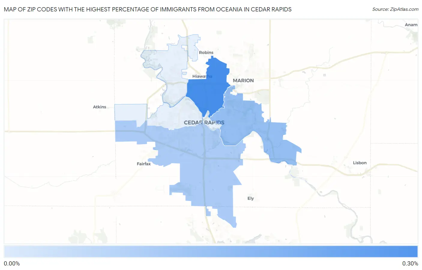 Zip Codes with the Highest Percentage of Immigrants from Oceania in Cedar Rapids Map
