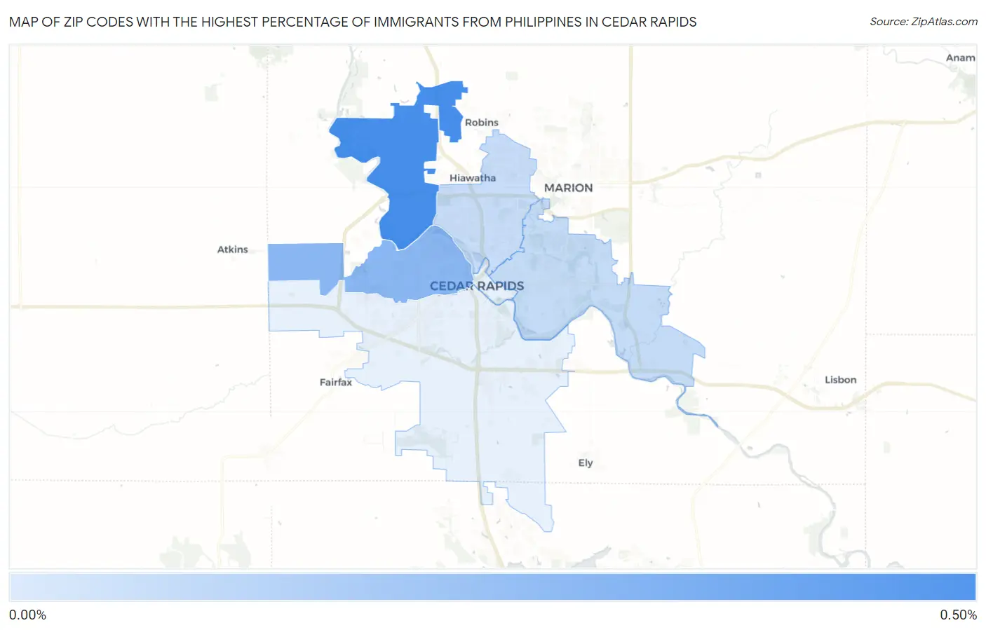 Zip Codes with the Highest Percentage of Immigrants from Philippines in Cedar Rapids Map